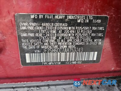 Zdjęcie 13 z 13 samochodu: 2010 SUBARU FORESTER 2.5X PREMIUM VIN:JF2SH6CC7AH759243 - miniatura