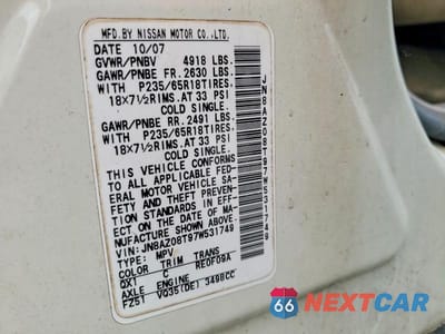 Zdjęcie 13 z 13 samochodu: 2007 NISSAN MURANO S VIN:JN8AZ08T97W531749 - miniatura