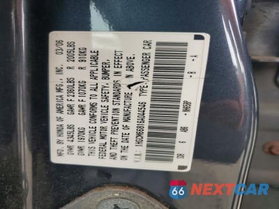 Zdjęcie 12 z 12 samochodu: 2006 HONDA ACCORD EX VIN:1HGCM66816A044546 - miniatura