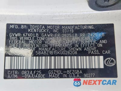Zdjęcie 13 z 13 samochodu: 2019 LEXUS ES 350 VIN:58ABZ1B15KU028208 - miniatura