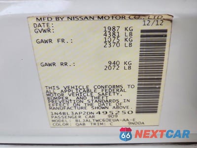 Zdjęcie 12 z 12 samochodu: 2013 NISSAN ALTIMA 3.5 S VIN:1N4BL3AP2DN495250 - miniatura