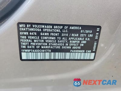 Zdjęcie 12 z 12 samochodu: 2013 VOLKSWAGEN PASSAT SE VIN:1VWBP7A32DC091778 - miniatura
