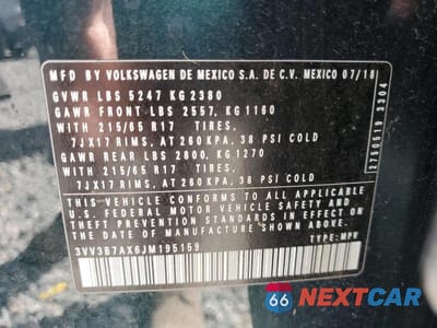 Zdjęcie 14 z 14 samochodu: 2018 VOLKSWAGEN TIGUAN SE VIN:3VV3B7AX6JM195159 - miniatura