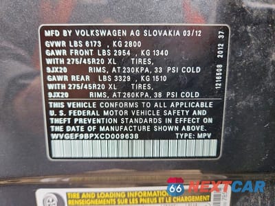 Zdjęcie 12 z 12 samochodu: 2012 VOLKSWAGEN TOUAREG V6 VIN:WVGEF9BPXCD009638 - miniatura