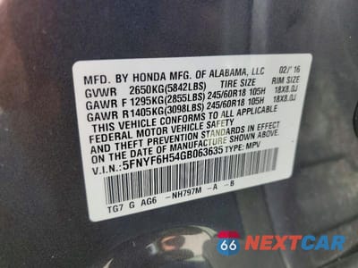 Zdjęcie 12 z 12 samochodu: 2016 HONDA PILOT EXL VIN:5FNYF6H54GB063635 - miniatura