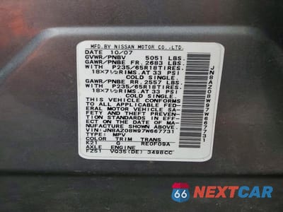 Zdjęcie 12 z 12 samochodu: 2007 NISSAN MURANO S VIN:JN8AZ08W97W667731 - miniatura