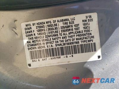 Zdjęcie 13 z 13 samochodu: 2006 HONDA ODYSSEY EXL VIN:5FNRL38736B087968 - miniatura