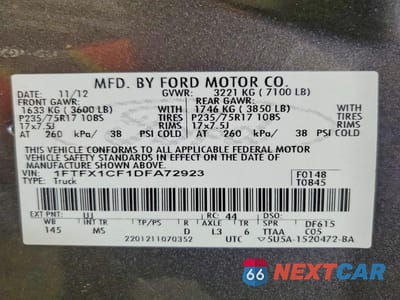 Zdjęcie 12 z 12 samochodu: 2013 FORD F150 SUPER CAB VIN:1FTFX1CF1DFA72923 - miniatura