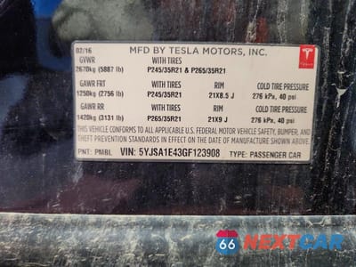 Zdjęcie 13 z 13 samochodu: 2016 TESLA MODEL S VIN:5YJSA1E43GF123908 - miniatura