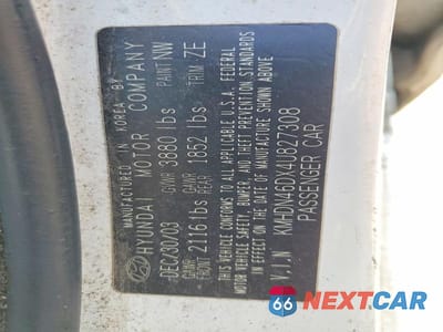 Zdjęcie 12 z 12 samochodu: 2004 HYUNDAI ELANTRA GLS VIN:KMHDN46DX4U827308 - miniatura