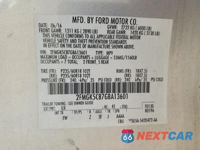 Zdjęcie 13 z 13 samochodu: 2016 FORD FLEX SEL VIN:2FMGK5C87GBA13601 - miniatura