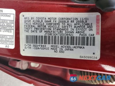 Zdjęcie 13 z 13 samochodu: 2002 TOYOTA CAMRY LE VIN:JTDBE32K720038421 - miniatura