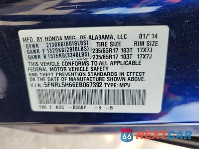 Zdjęcie 13 z 13 samochodu: 2014 HONDA ODYSSEY EXL VIN:5FNRL5H66EB067392 - miniatura