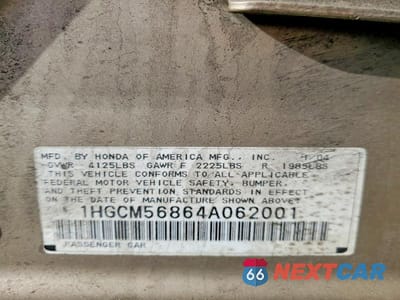Zdjęcie 12 z 12 samochodu: 2004 HONDA ACCORD EX VIN:1HGCM56864A062001 - miniatura