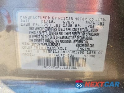 Zdjęcie 13 z 13 samochodu: 2018 NISSAN VERSA S PLUS VIN:3N1CN7AP6JL853867 - miniatura