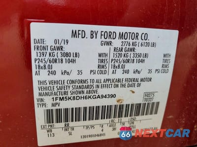 Zdjęcie 13 z 13 samochodu: 2019 FORD EXPLORER XLT VIN:1FM5K8DH6KGA94390 - miniatura
