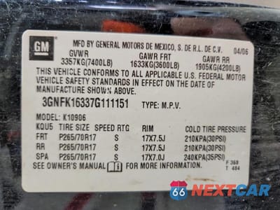 Zdjęcie 13 z 13 samochodu: 2007 CHEVROLET SUBURBAN K1500 VIN:3GNFK16337G111151 - miniatura