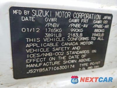 Zdjęcie 12 z 12 samochodu: 2012 SUZUKI SX4 TOURING VIN:JS2YB5A71C6300174 - miniatura