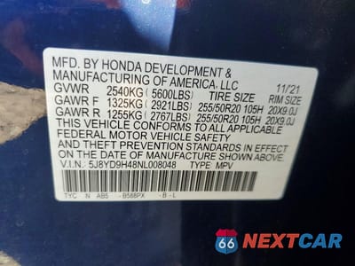 Zdjęcie 14 z 14 samochodu: 2022 ACURA MDX TECHNOLOGY VIN:5J8YD9H48NL008048 - miniatura