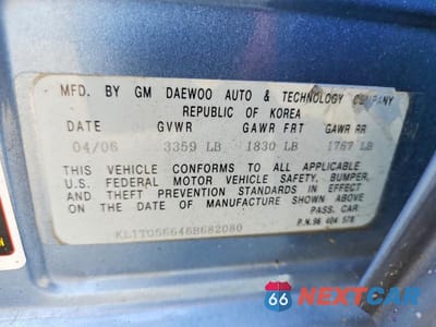 Zdjęcie 12 z 12 samochodu: 2006 CHEVY AVEO VIN:KL1TG56646B682080 - miniatura
