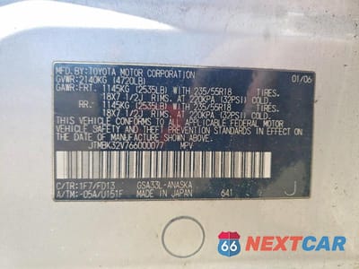 Zdjęcie 12 z 12 samochodu: 2006 TOYOTA RAV4 SPORT VIN:JTMBK32V766000077 - miniatura