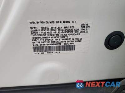 Zdjęcie 12 z 12 samochodu: 2019 HONDA PILOT TOURING VIN:5FNYF6H98KB080580 - miniatura