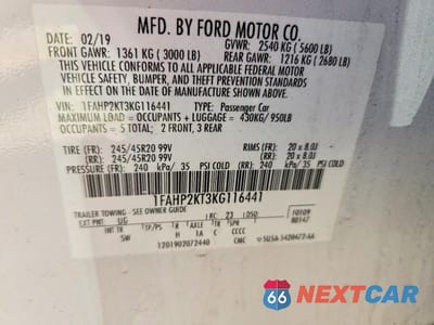 Zdjęcie 12 z 12 samochodu: 2019 FORD TAURUS SHO VIN:1FAHP2KT3KG116441 - miniatura