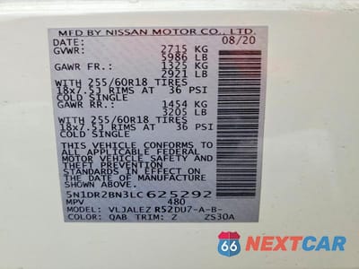 Zdjęcie 13 z 13 samochodu: 2020 NISSAN PATHFINDER SV VIN:5N1DR2BN3LC625292 - miniatura