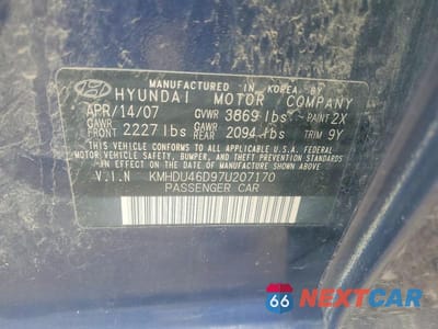 Zdjęcie 12 z 12 samochodu: 2007 HYUNDAI ELANTRA GLS VIN:KMHDU46D97U207170 - miniatura