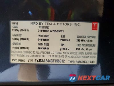 Zdjęcie 12 z 12 samochodu: 2016 TESLA MODEL S VIN:5YJSA1E44GF158912 - miniatura