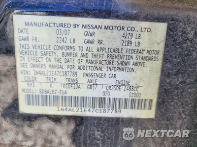 Zdjęcie 12 z 12 samochodu: 2007 NISSAN ALTIMA 2.5 VIN:1N4AL21E47C187789 - miniatura