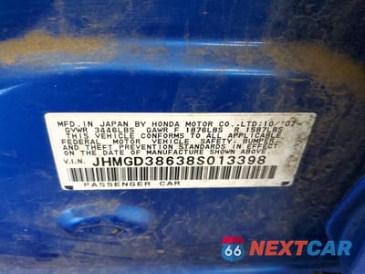 Zdjęcie 12 z 12 samochodu: 2008 HONDA FIT SPORT VIN:JHMGD38638S013398 - miniatura