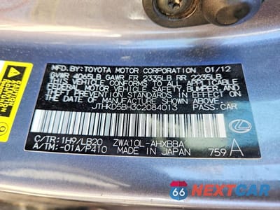 Zdjęcie 12 z 12 samochodu: 2012 LEXUS CT 200 VIN:JTHKD5BH3C2084013 - miniatura