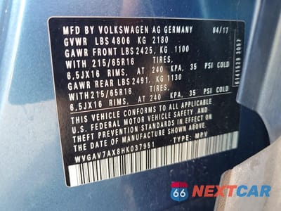 Zdjęcie 13 z 13 samochodu: 2017 VOLKSWAGEN TIGUAN S VIN:WVGAV7AX8HK037951 - miniatura