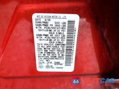Zdjęcie 13 z 13 samochodu: 2007 NISSAN MURANO S VIN:JN8AZ08WX7W601818 - miniatura
