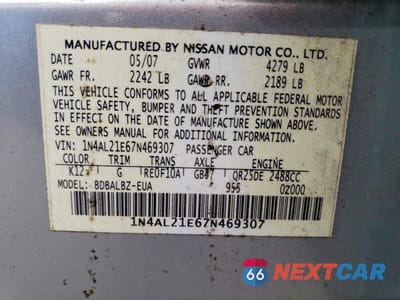 Zdjęcie 12 z 12 samochodu: 2007 NISSAN ALTIMA 2.5 VIN:1N4AL21E67N469307 - miniatura