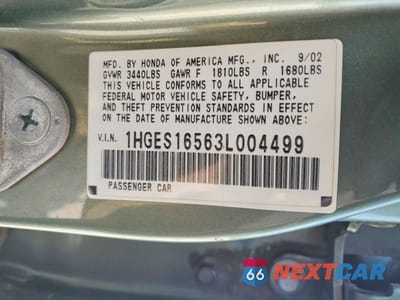 Zdjęcie 12 z 12 samochodu: 2003 HONDA CIVIC LX VIN:1HGES16563L004499 - miniatura