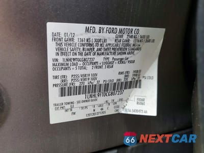 Zdjęcie 12 z 12 samochodu: 2012 LINCOLN MKS VIN:1LNHL9FT0CG807237 - miniatura