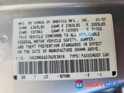 Zdjęcie 12 z 12 samochodu: 2007 HONDA ACCORD VIN:1HGCM66407A053916 - miniatura