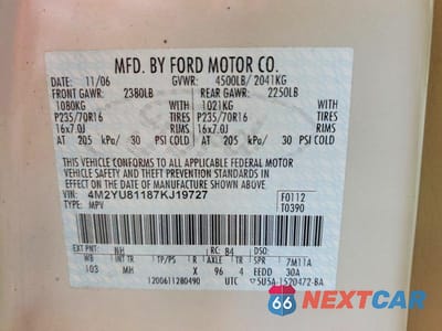 Zdjęcie 13 z 13 samochodu: 2007 MERCURY MARINER LUXURY VIN:4M2YU81187KJ19727 - miniatura