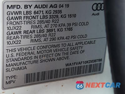 Zdjęcie 14 z 14 samochodu: 2019 AUDI Q8 PRESTIGE S-LINE VIN:WA1FVAF10KD038786 - miniatura