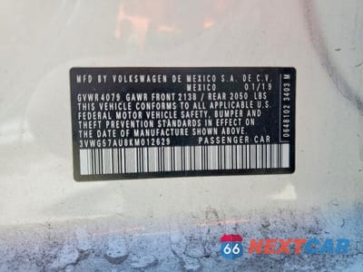 Zdjęcie 12 z 12 samochodu: 2019 VOLKSWAGEN GOLF S VIN:3VWG57AU8KM012629 - miniatura