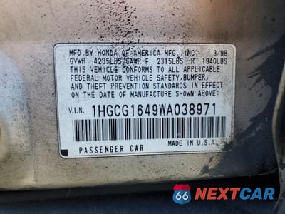 Zdjęcie 12 z 12 samochodu: 1998 HONDA ACCORD LX VIN:1HGCG1649WA038971 - miniatura