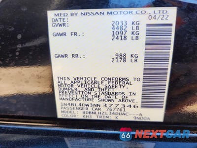 Zdjęcie 12 z 12 samochodu: 2022 NISSAN ALTIMA SV VIN:1N4BL4DW3NN377346 - miniatura