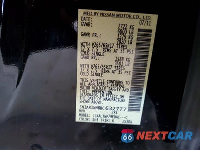 Zdjęcie 13 z 13 samochodu: 2011 NISSAN PATHFINDER S VIN:5N1AR1NN8BC632777 - miniatura