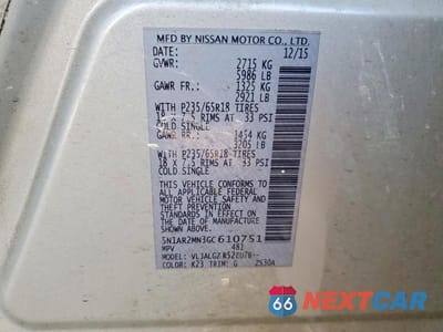 Zdjęcie 13 z 13 samochodu: 2016 NISSAN PATHFINDER SL VIN:5N1AR2MN3GC610751 - miniatura