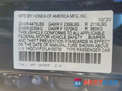 Zdjęcie 12 z 12 samochodu: 2020 HONDA ACCORD SPORT VIN:1HGCV1F31LA155730 - miniatura