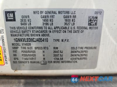 Zdjęcie 13 z 13 samochodu: 2012 CHEVROLET TRAVERSE LTZ VIN:1GNKVLED8CJ405410 - miniatura