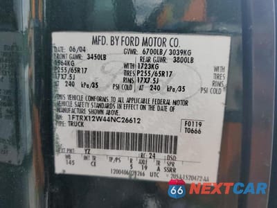 Zdjęcie 12 z 12 samochodu: 2004 FORD F150 VIN:1FTPX125X4NA15140 - miniatura