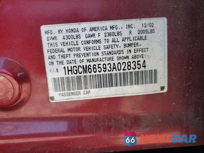Zdjęcie 12 z 12 samochodu: 2003 HONDA ACCORD EX VIN:1HGCM66593A028354 - miniatura